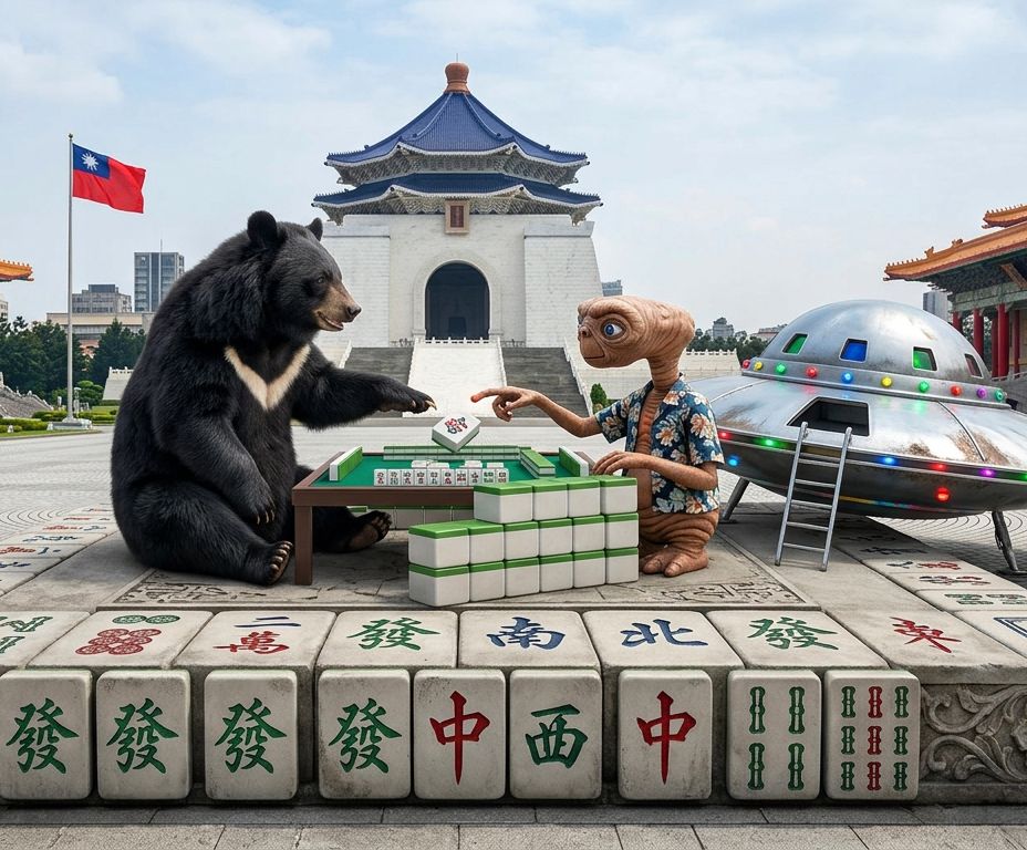 飛碟來襲熊掌摸牌,台灣黑熊在中正紀念堂第三類接觸,台灣熊愛打麻將,台灣黑熊打麻將,自由廣場麻將大對決,台北揪團打牌,中正紀念堂捕獲台灣黑熊,中正紀念堂三缺一急徵牌咖,外星人也想碰碰胡,幽浮路過看熱鬧,黑熊與外星人在中正紀念堂揪團打牌